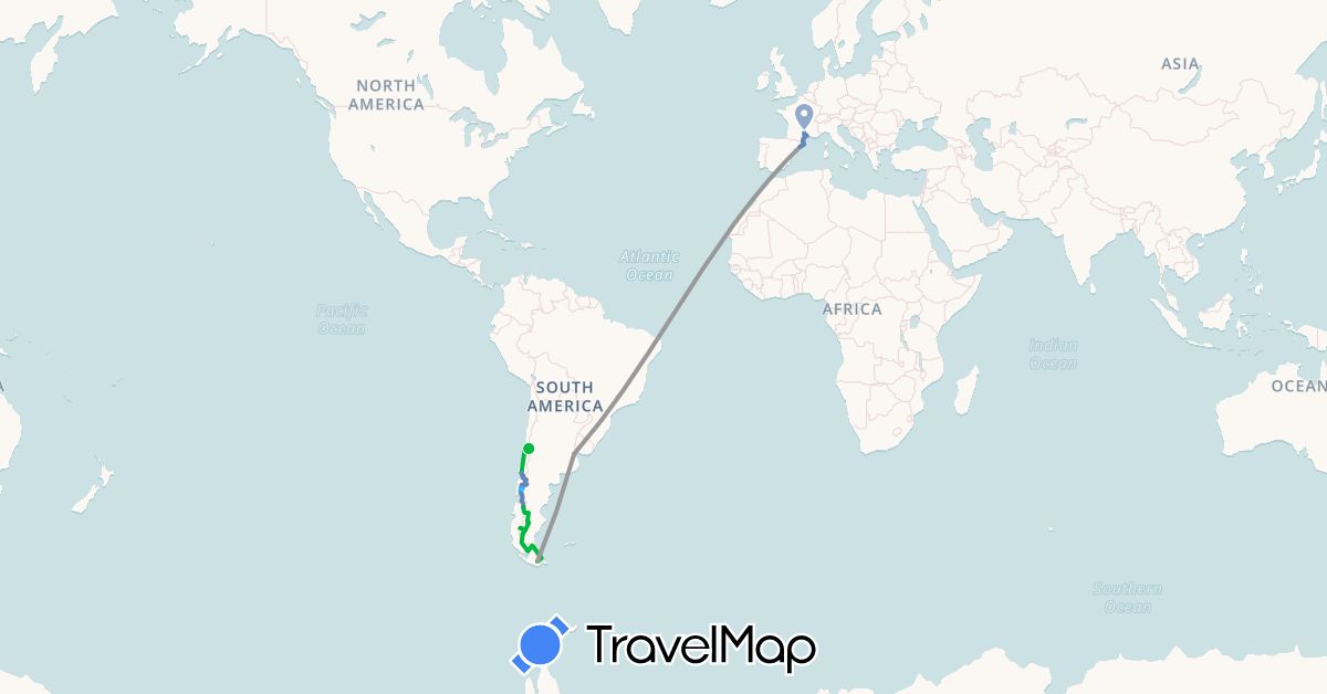 TravelMap itinerary: driving, bus, plane, cycling, boat in Argentina, Chile, Spain, France (Europe, South America)